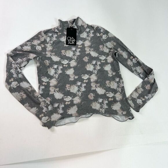 Chaser T-Shirt Womens Small Gray Jersey Long Sleeve Raglan Floral Round Neck new - Picture 1 of 10